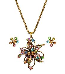 Multicolor Stone Studded Pendant with Oxidised Metal Chain and Earrings
