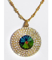 Green with White Stone Studded and Gold Plated Pendant with Chain