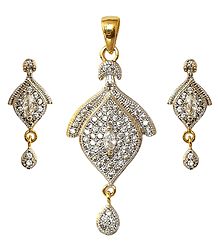 Faux White Zirconia with Gold Plated Pendant and Earrings