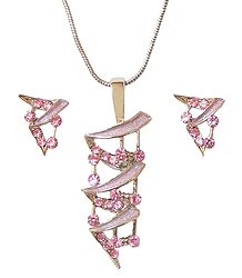 Pink Stone Studded Pendant and Earrings
