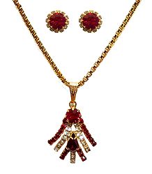 Red Stone Studded Pendant with Chain and Earrings