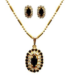 Black Stone Studded Pendant with Chain and Earrings