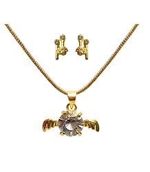White Stone Studded Pendant with Chain and Earrings