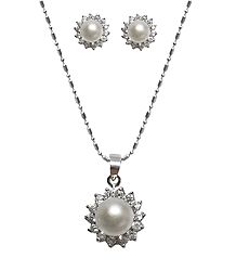 White Stone Studded Pendant with Chain and Earrings