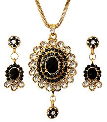 Black Stone Studded Pendant and Earrings with Chain