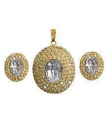 White Stone Studded Oval Shaped Pendant and Earrings