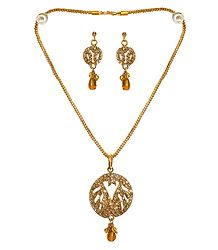 Golden Yellow Stone Studded Pendant with Chain and Earrings