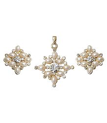 White Bead with Stone Studded Pendant and Earrings