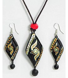 Hand Painted Design on Black Pendant and Earrings