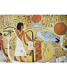 Dead Man Standing in Barge of the Sun Worshipping The Phoenix (From an Egyptian Painting)