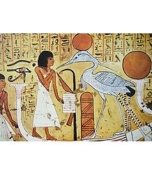 Dead Man Standing in Barge of the Sun Worshipping The Phoenix (From an Egyptian Painting)