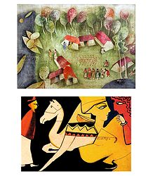 Lovers with Camel and Village Scene - Set of 2 Small Posters