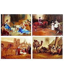 European Beauties and Camels with Merchants - Set of 4 Posters