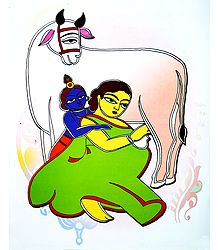 Krishna with Mother Yashoda - Photo Print of Jamini Roy Painting