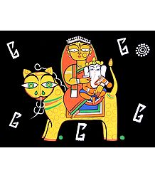 Durga with Ganesha Sitting on Lion - Photo Print of Jamini Roy Painting