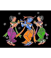 Krishna with Gopinis - Photo Print of Jamini Roy Painting