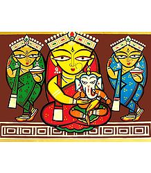 Lakshmi, Saraswati and Durga with Ganesha - Photo Print of Jamini Roy Painting