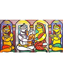 Lord Shiva, Parvati and Ganesha - Photo Print of Jamini Roy Painting