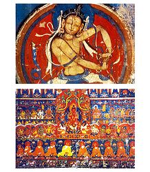Bodhisattva Vajra and Amitabha with Entourage (Reprint of Medieval Painting) in Alchi Monastery, Ladakh - Set of 2 Postcards