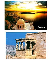 Santorini Sunset and The Caryatids, Acropolis, Athens, Greece - Set of 2 Postcards