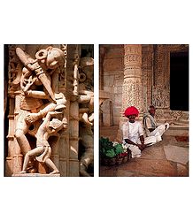 Temple Wall Carvings and Flower Seller in Khajuraho - Set of 2 Postcards