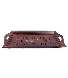 Wood Carved Ritual Tray with Brass Inlay