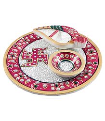 Marble Plate with Diya and Haldi Kumkum Container