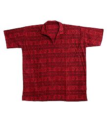 Red Short Kurta with Radha Krishna, Charan and Om Print