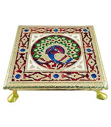 Peacock Design on Wood Ritual Seat Wrapped with Metal Foil