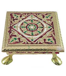 Flower Design on Wood Ritual Seat Wrapped with Metal Foil