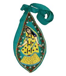 Embroidered Radha on Cyan Cotton Japa Mala Bag