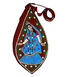 Embroidered Radha on Maroon Cotton Japa Mala Bag