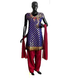 Blue Banarasi Art Silk Kurta with Red Salwar and Chunni