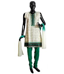 Off-White Cotton Parsi Embroidered Kurta with Cyan Churidar and Chunni