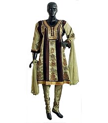 Striped Kurta with Mirrorwork Neckline with Churidar and Chunni