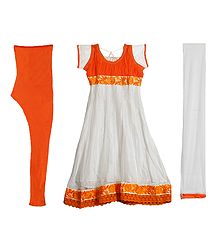 Saffron Parsi Embroidery and Chiffon Neckline on White Net Anarkali Kurta, Saffron Churidar and White Chunni