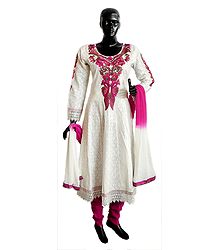 Parsi Embroidered Neckline on Off-White Self Design Cotton Full Sleeve Anarkali Kurta with Magenta Churidar and Chunni