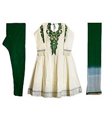 Parsi Embroidered Neckline on Off-White Self Design Cotton Full Sleeve Anarkali Kurta with Green Churidar and Chunni