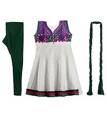 Embroidered Applique Work on Off-White Self Design Cotton Kurta with Green Churidar and Chunni