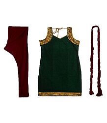 Green Cotton Kurta with Zari Border, Maroon Churidar and Chunni and a Pair of Unstitched Sleeves