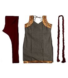 Seal Brown Cotton Kurta with Zari Border, Maroon Churidar, Chunni and a Pair of Unstitched Sleeves