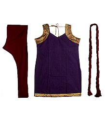 Purple Cotton Kurta with Zari Border, Maroon Churidar, Chunni and a Pair of Unstitched Sleeves