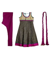 Printed Cotton Kurta with Magenta Churidar, Chunni and a Pair of Unstitched Sleeves
