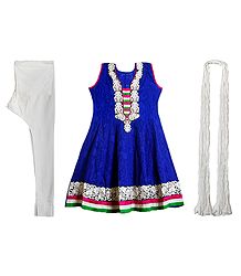 Parsi Embroidered Neckline on Dark Blue Self Design Cotton Kurta with White Churidar and Chunni