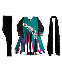 Embroidery on Dark Cyan Cotton Full Sleeve Kurta with Churidar and Chunni
