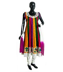 Multicolor Cotton Parsi Embroidered Kurta with White Lace Border, White Churidar and Chunni