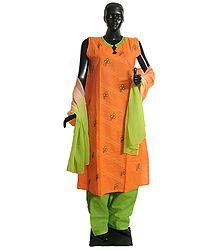 Embroidered Stone Setting Saffron Kurta, Green Salwar and Green Saffron Combination Chunni