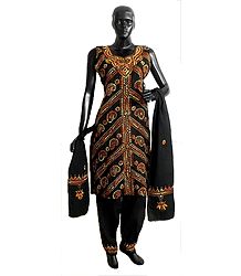 Black Kantha Stitch Cotton Kurta with Salwar and Chunni