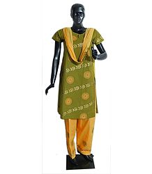 Yellow with Green Hand Painted Salwar, Kurta Set