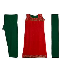 Embroidered and Beadwork Red Kurta with Green Salwar and Dupatta